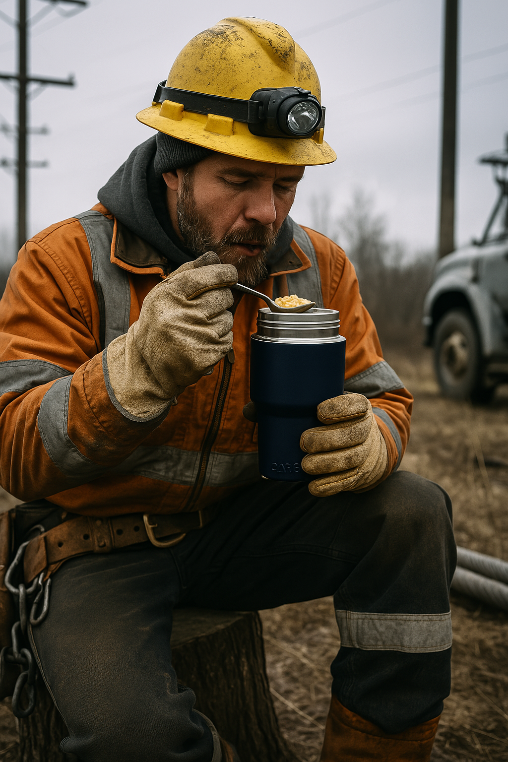 Worker enjoying a hot meal on the jobsite