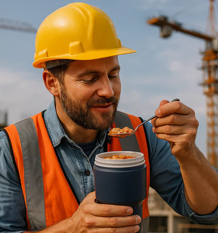 a construction worker eating a meal from the cargo system